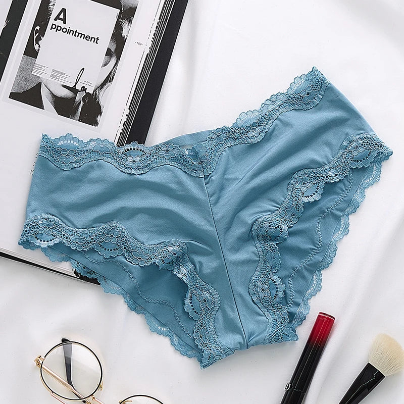 Fashion Back Bandage Design Satin Sexy Lace Panties Women Solid Seamless Underwear Cute Lingerie Briefs Thongs String