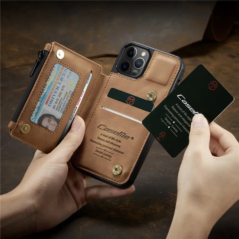 Retro Luxury Zipper Wallet Case for iPhone 11 12 13 mini Pro Max XR SE2020 XS 7 8 Plus Case CASEME Leather Card Back Funda Cover