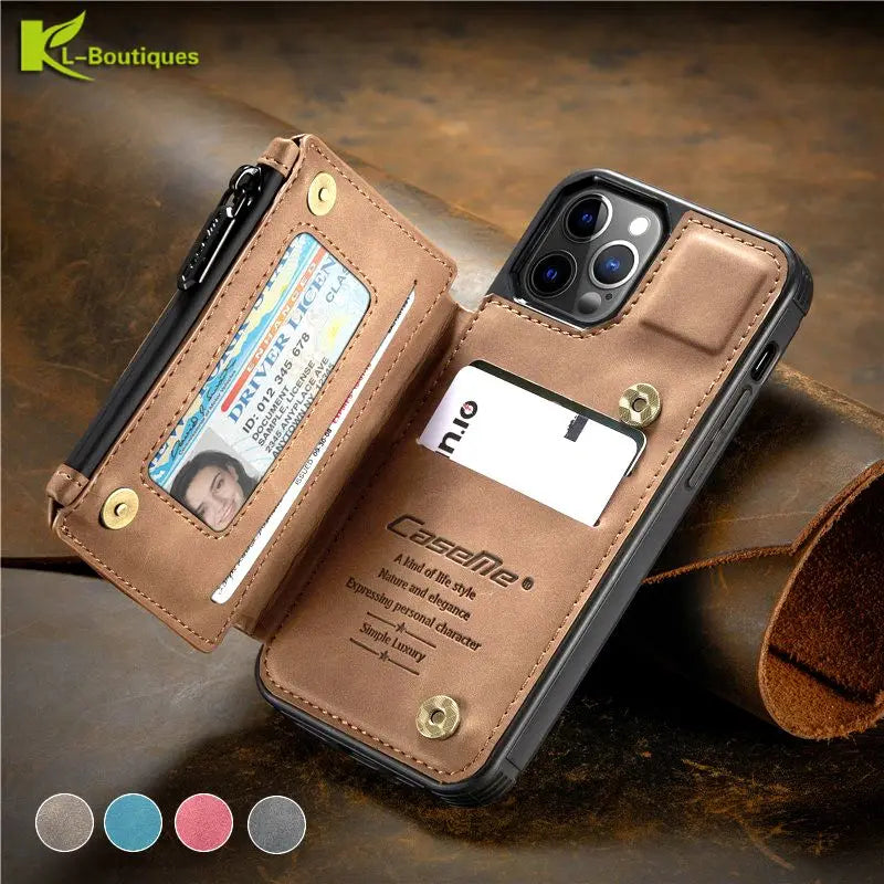 Retro Luxury Zipper Wallet Case for iPhone 11 12 13 mini Pro Max XR SE2020 XS 7 8 Plus Case CASEME Leather Card Back Funda Cover